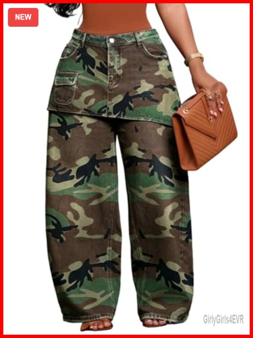 Women's Baggy Cargo Jeans with Skirt Overlay Wide Leg High Rise Pockets
